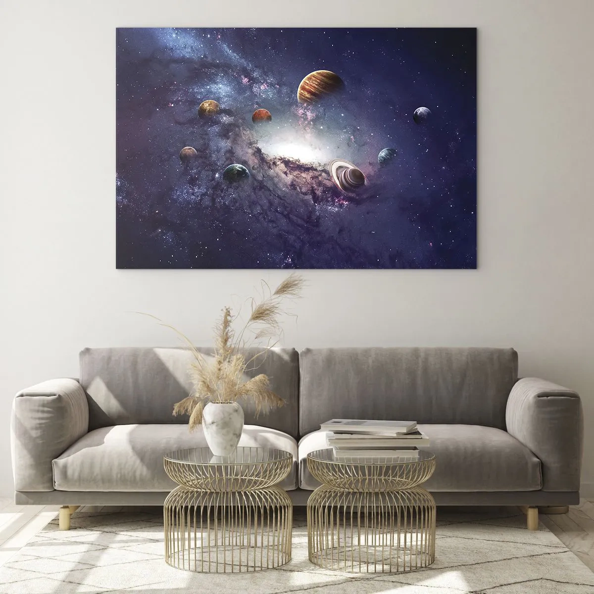 Üveg kép - Egy képzeletbeli látomás a bolygókról, amelyek az űrben forognak - 70x50cm - Napos táncrendszer - Modern fali dekoráció nappalihoz és hálószobához ARTTOR