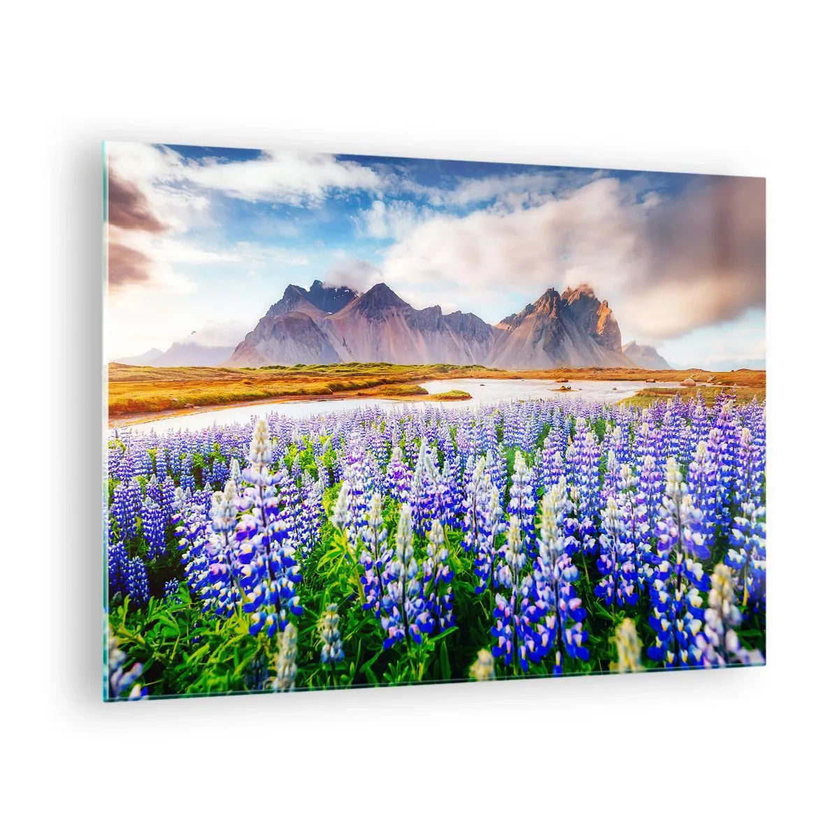 Üveg kép - Hegyi táj virágzó réttel és fenséges csúcsokkal - 70x50cm - Erő és szigorúság a szelídség mellett - Modern fali dekoráció nappalihoz és hálószobához ARTTOR
