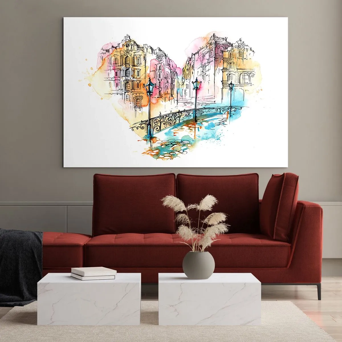 Üveg kép - Romantikus bérházak szív alakú híddal, akvarell - 70x50cm - A város szíve - Modern fali dekoráció nappalihoz és hálószobához ARTTOR