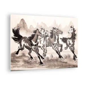 Üveg kép - Egy csoport vágtató ló kínai stílusban - 70x50cm - Örömteli vágtában - Modern fali dekoráció nappalihoz és hálószobához ARTTOR