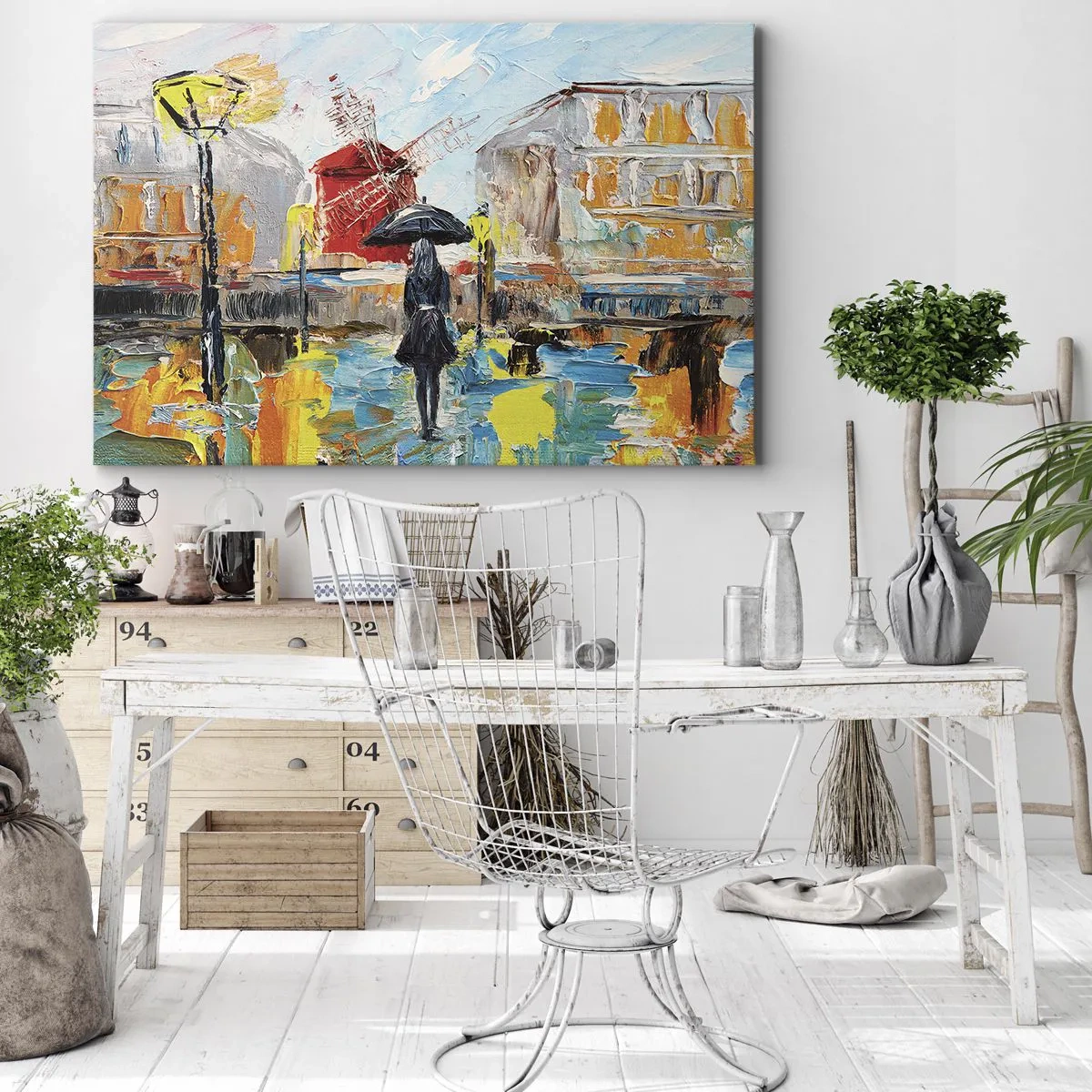 Vászonkép - Egy festői jelenet egy esernyővel Párizs élénk színekkel tarkított hátterében. - 70x50cm - Párizsi legendák - Modern fali dekoráció nappalihoz és hálószobához ARTTOR