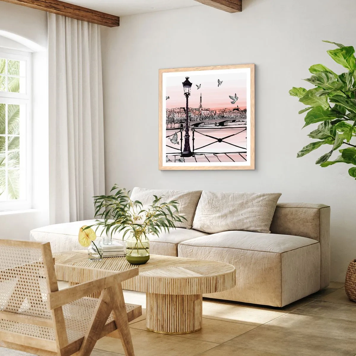 Poszter világos tölgy keretben - Párizs háztetői fölött - 40x40 cm