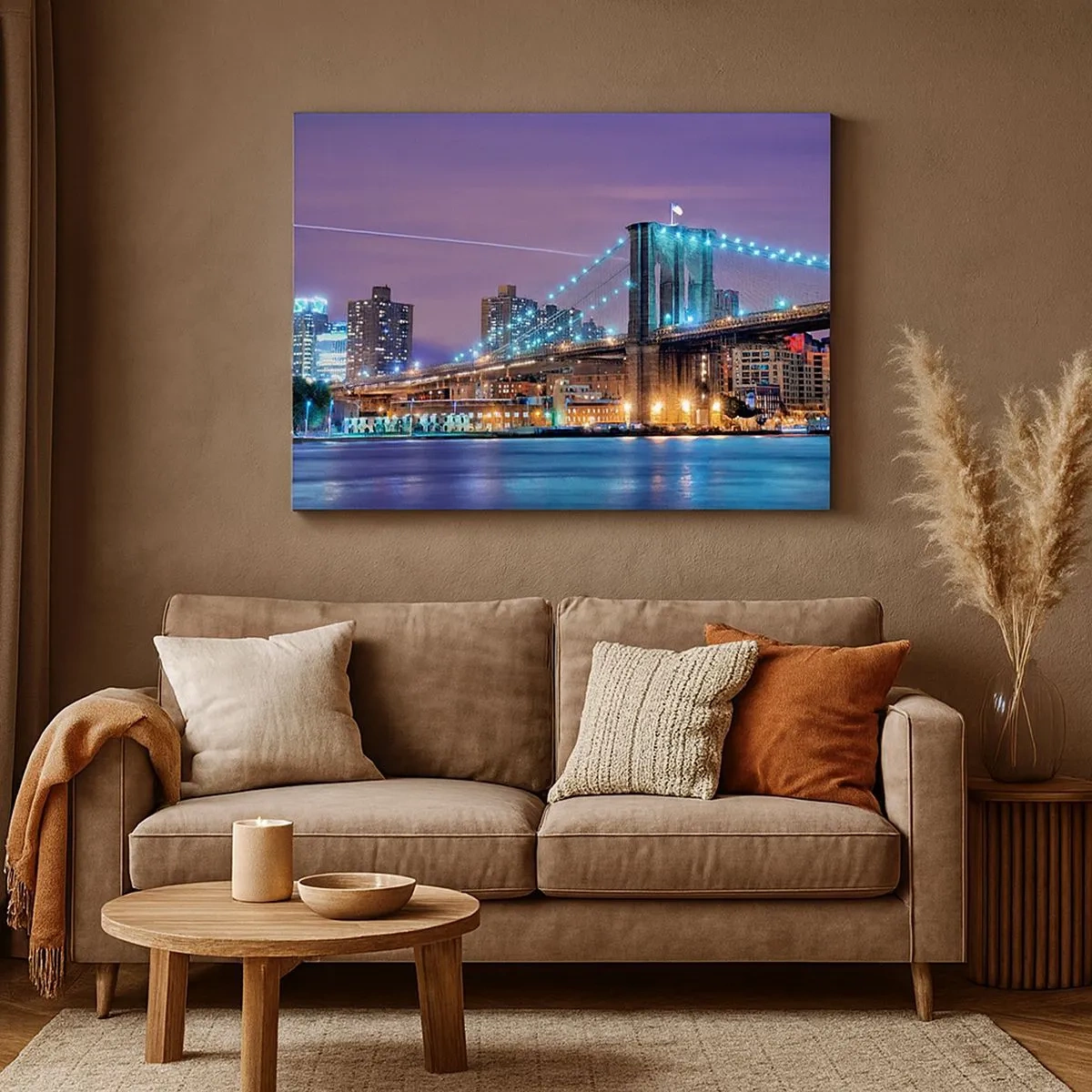 Vászonkép - Brooklyn híd éjszaka, a háttérben a kivilágított várossal - 70x50cm - Sok éve a Brooklyn-i Híd - Modern fali dekoráció nappalihoz és hálószobához ARTTOR