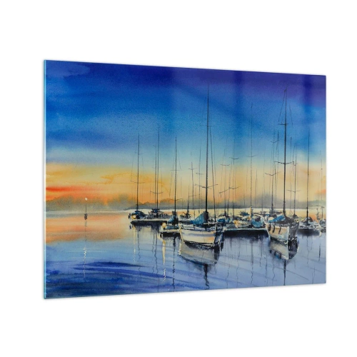 Üveg kép - Vitorláshajók a kikötőben naplementekor - 70x50cm - Egy szép nap vége - Modern fali dekoráció nappalihoz és hálószobához ARTTOR