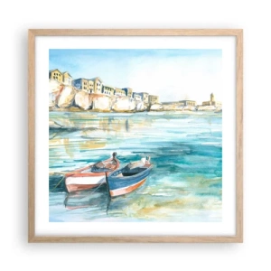 Poszter világos tölgy keretben - Tájkép azúrkéken - 50x50 cm