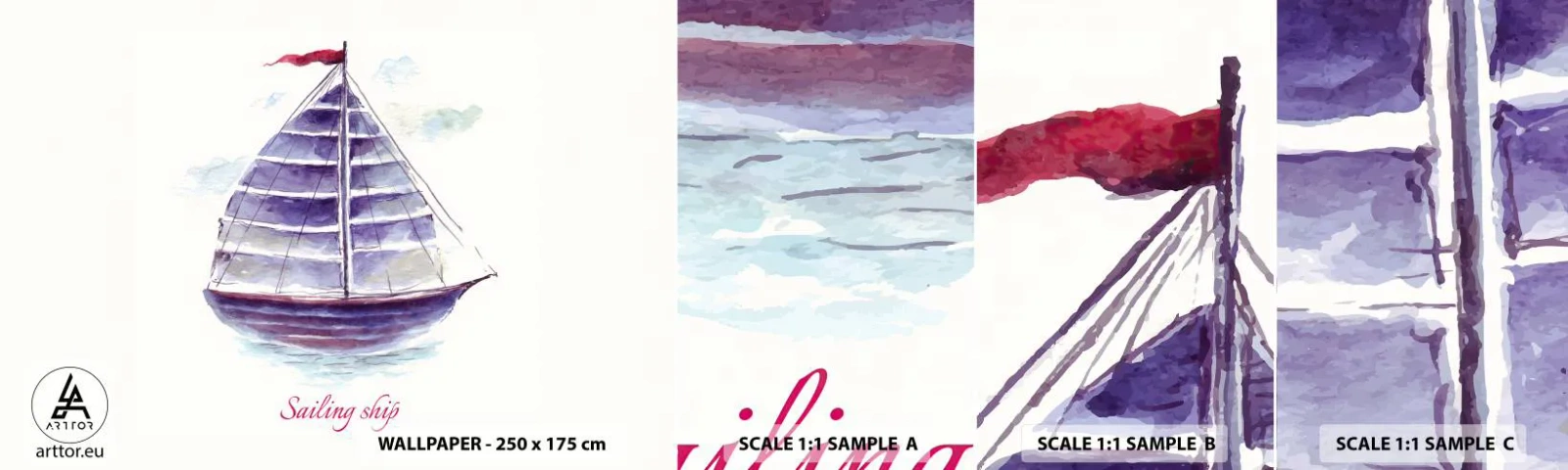 Fotótapéta Minta Öntapadós Deluxe Sticker - Teli vitorlákat és nyugodt vizet - Vitorlás, Tengerpart, Tenger - 100x30 cm