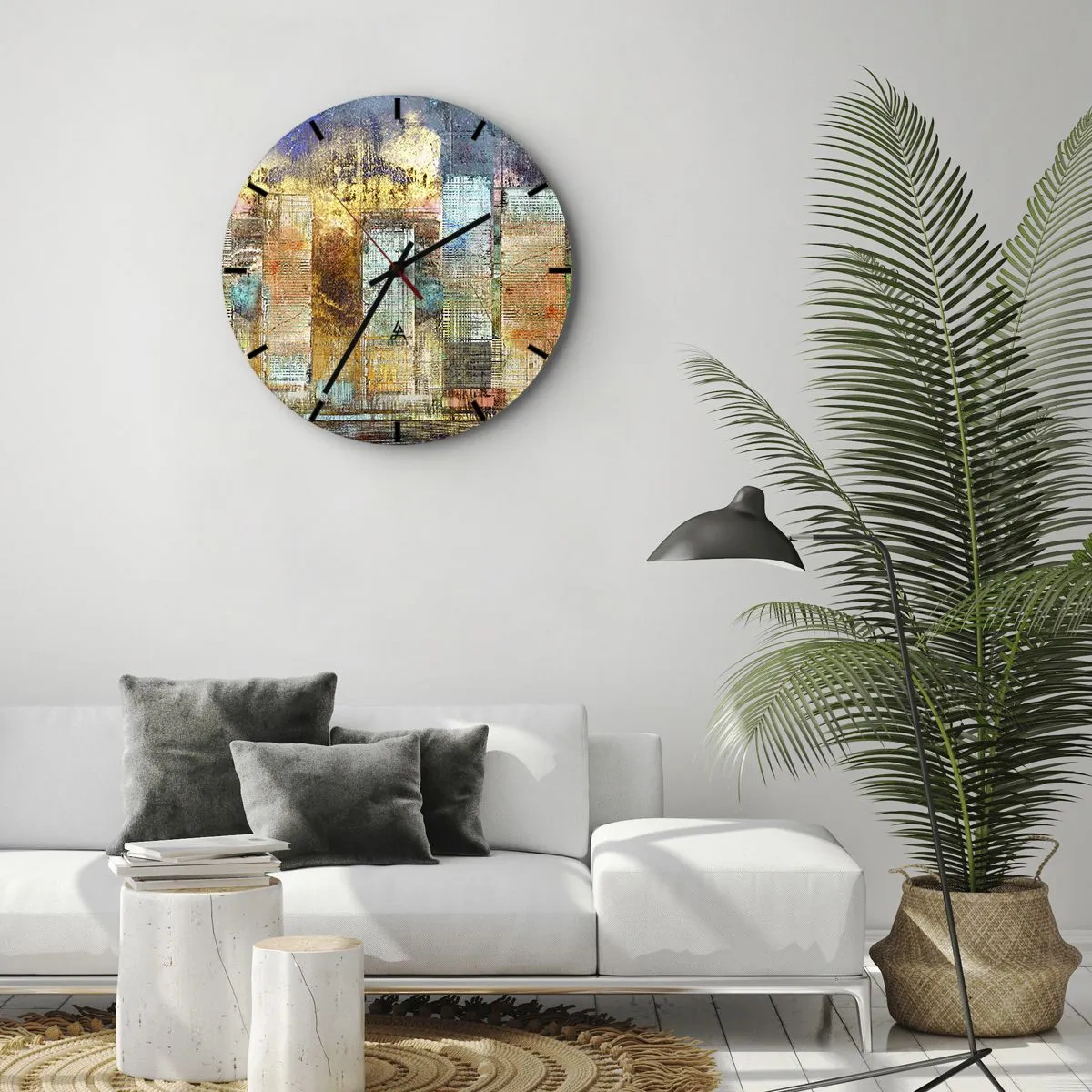 Falióra, Óra - Színes absztrakció, amelyet a város látképe ihletett - 30x30cm - Napfényes metropolisz - Modern fali dekoráció nappalihoz, konyhához és hálószobához ARTTOR