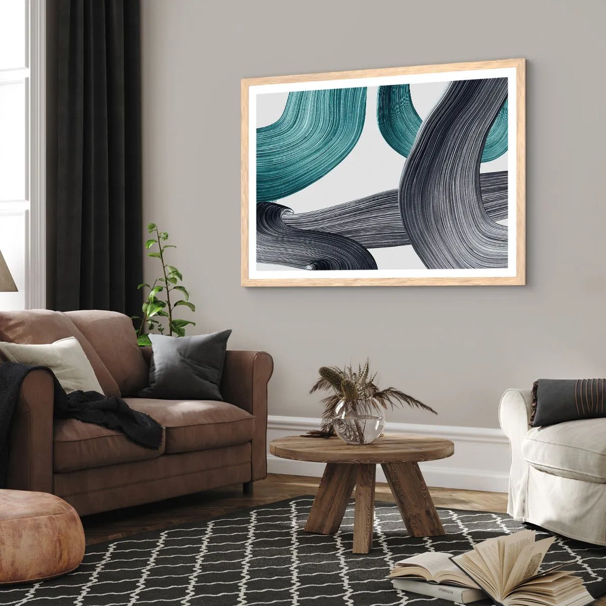 Poszter világos tölgy keretben - Smaragdzöld és fekete nyomok - 100x70 cm