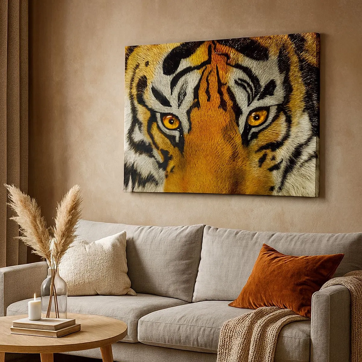 Vászonkép - Tigris közeli portréja intenzív tekintettel - 70x50cm - Szörnyű és gyönyörű - Modern fali dekoráció nappalihoz és hálószobához ARTTOR