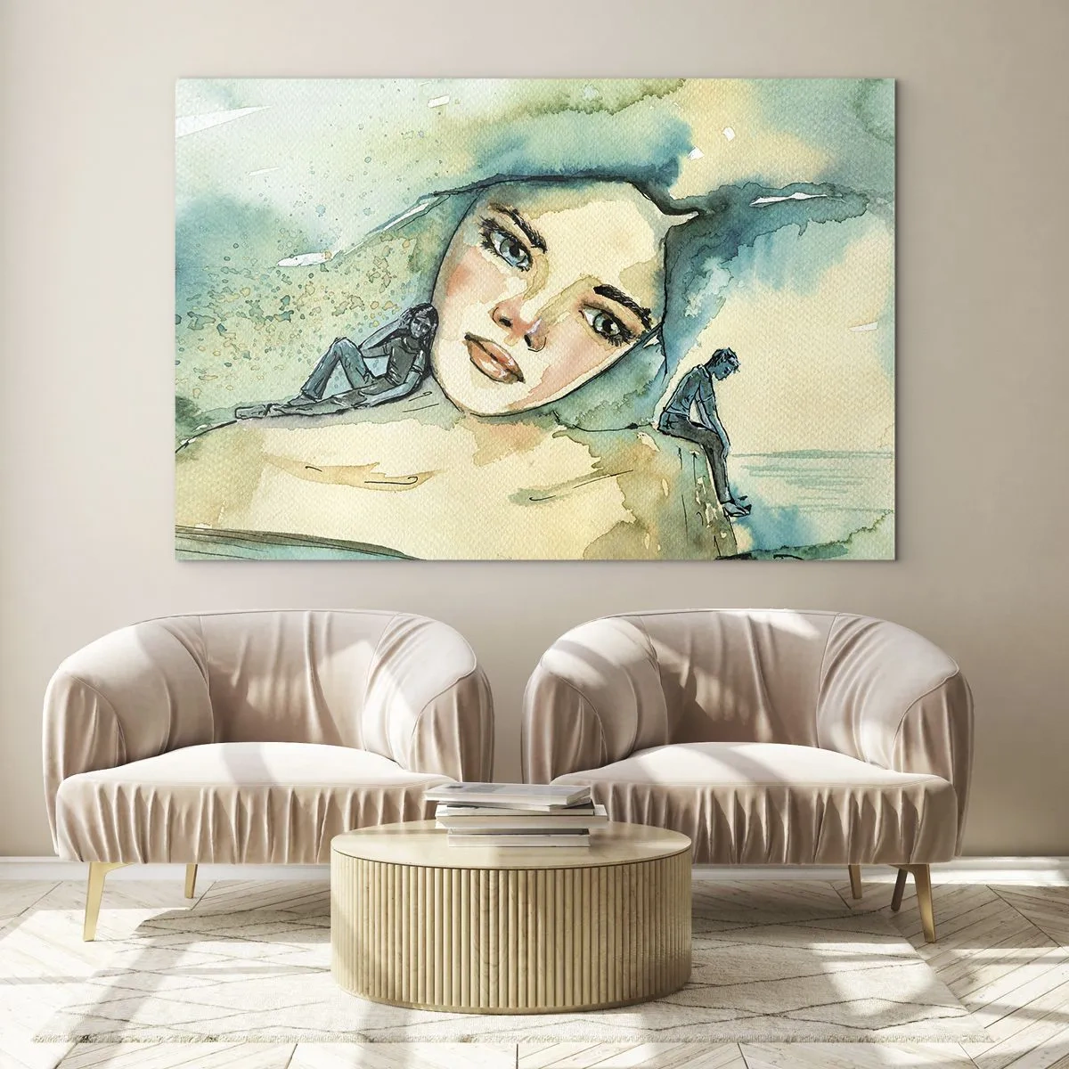 Üveg kép - Nő portréja akvarell stílusban, alakok sziluettjeivel - 70x50cm - Am I blue? - Modern fali dekoráció nappalihoz és hálószobához ARTTOR