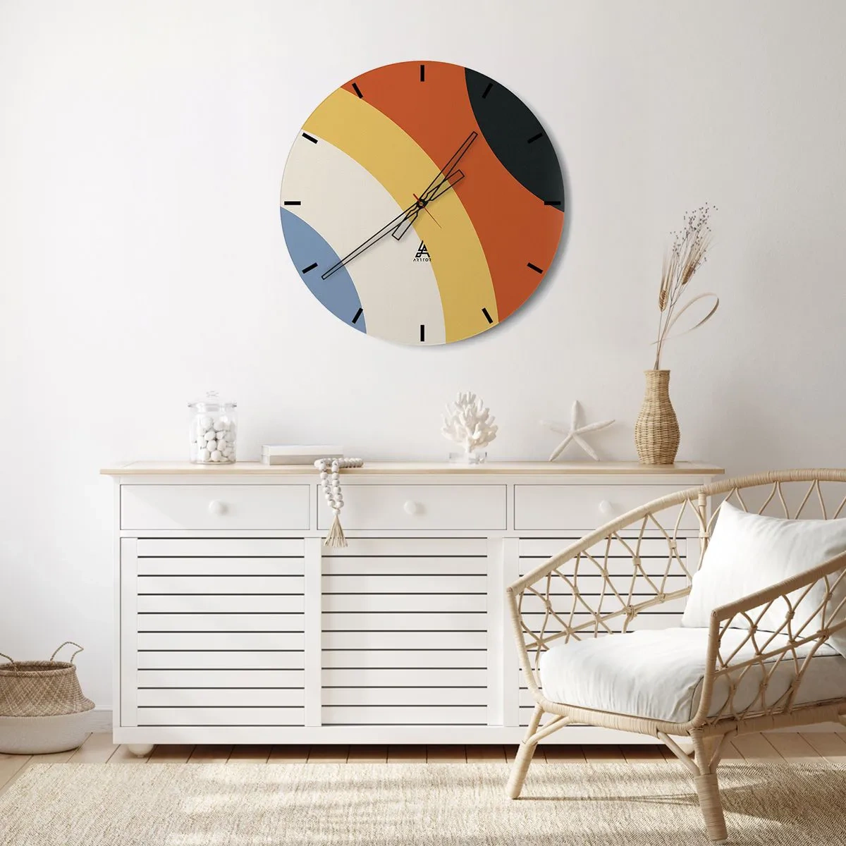 Falióra, Óra - Geometriai ívek narancssárga, bézs és kék árnyalatokban - 30x30cm - Magam felé - Modern fali dekoráció nappalihoz, konyhához és hálószobához ARTTOR