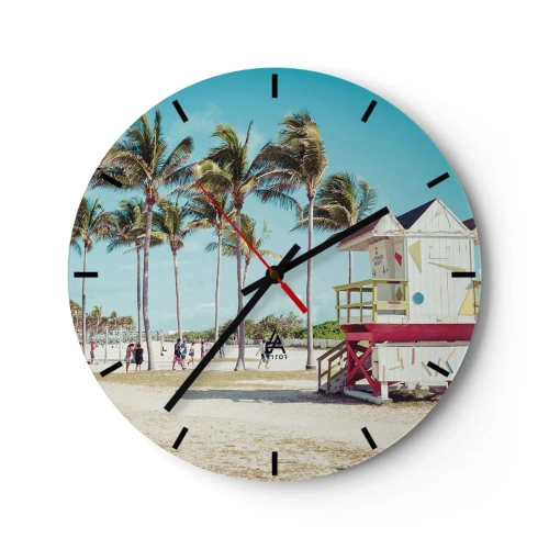 Falióra, Óra - Miami Beach pálmafákkal és egy színes vízimentő épülettel - 30x30cm - Gyönyörű nap vár rád - Modern fali dekoráció nappalihoz, konyhához és hálószobához ARTTOR