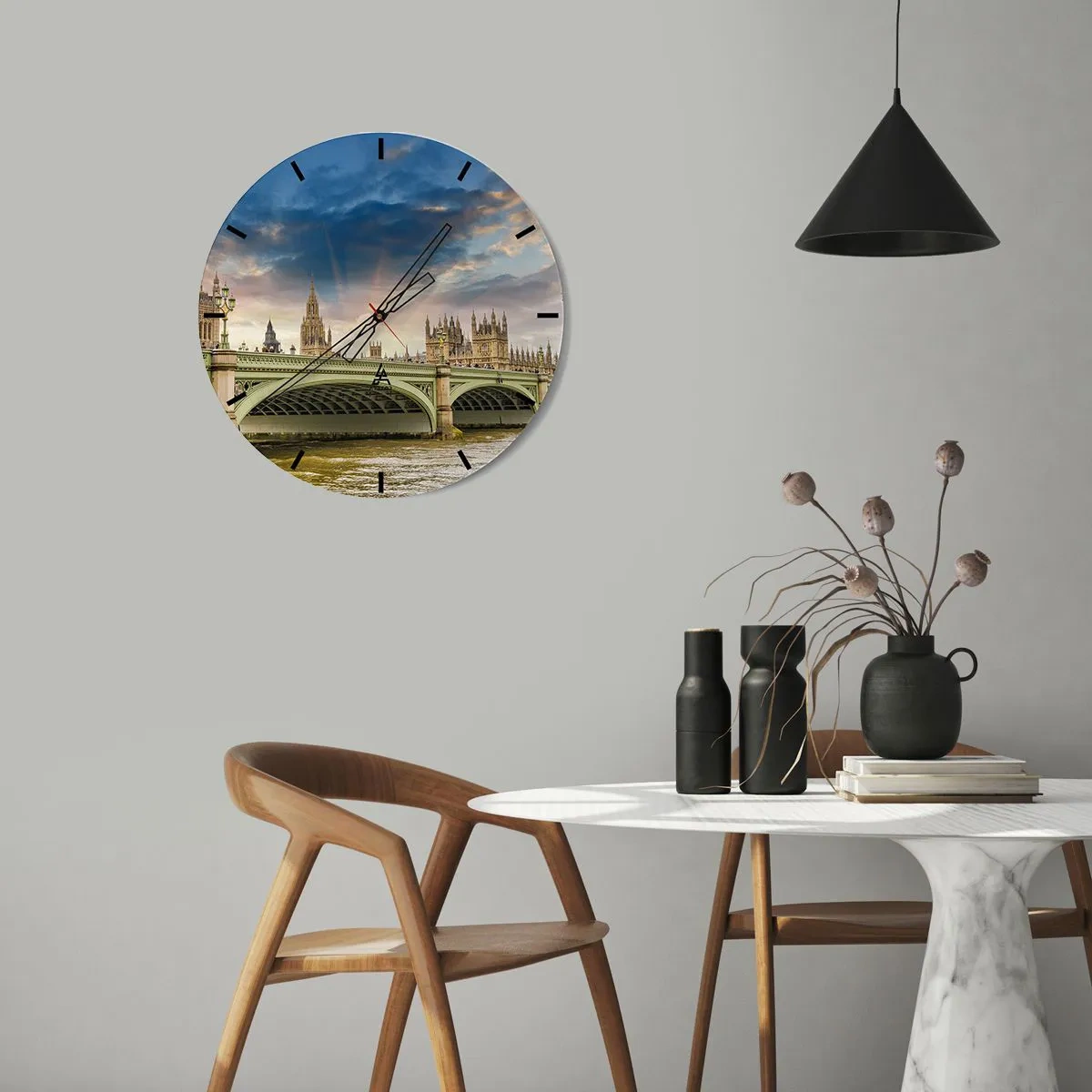 Falióra, Óra - Híd a Temze felett, kilátással a Westminster-palotára - 30x30cm - Az idő megállt a Birodalomban - Modern fali dekoráció nappalihoz, konyhához és hálószobához ARTTOR