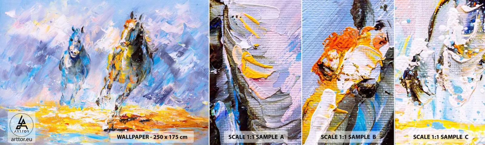 Fotótapéta Minta Öntapadós Deluxe Sticker - Átvágtatva a vakító fényen - Állatok, Lovak, Impresszionizmus - 100x30 cm