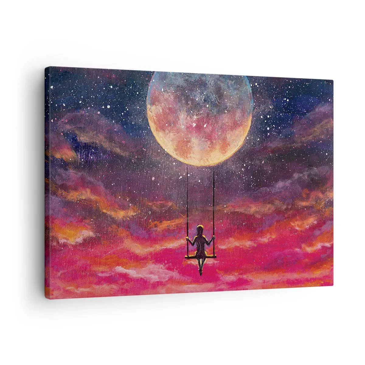 Vászonkép - Egy alak egy hintán lóg a hold előtt - 70x50cm - Álmodozva - Modern fali dekoráció nappalihoz és hálószobához ARTTOR