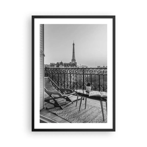 Poszter fehér keretben - Kilátás az Eiffel-toronyra egy elegáns párizsi erkélyről - 50x70cm - Párizsi délután - Modern fali dekoráció nappalihoz és hálószobához ARTTOR
