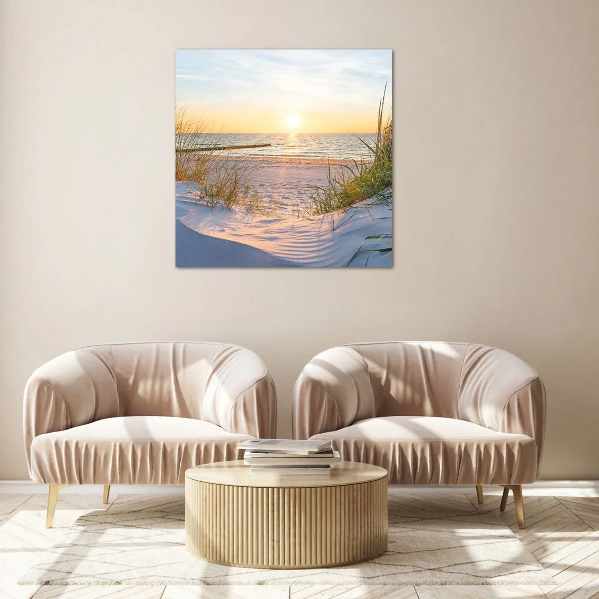 Üveg kép - A tenger hangja, a madarak éneke, egy vad tengerpart a fű között... - 40x40 cm