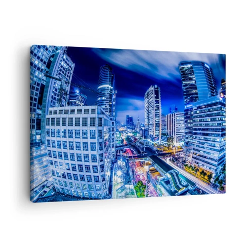 Vászonkép - Éjszakai város panorámája felhőkarcolókkal és utcai lámpákkal - 70x50cm - Az éjszakai város ritmusai - Modern fali dekoráció nappalihoz és hálószobához ARTTOR