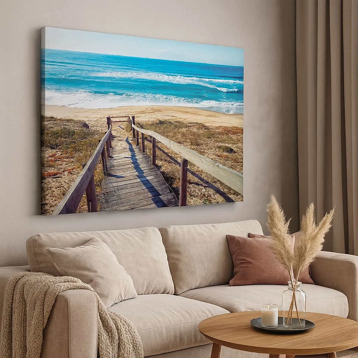 Vászonkép - Fából készült ösvény vezet a strandra - 70x50cm - Fuss! - Modern fali dekoráció nappalihoz és hálószobához ARTTOR