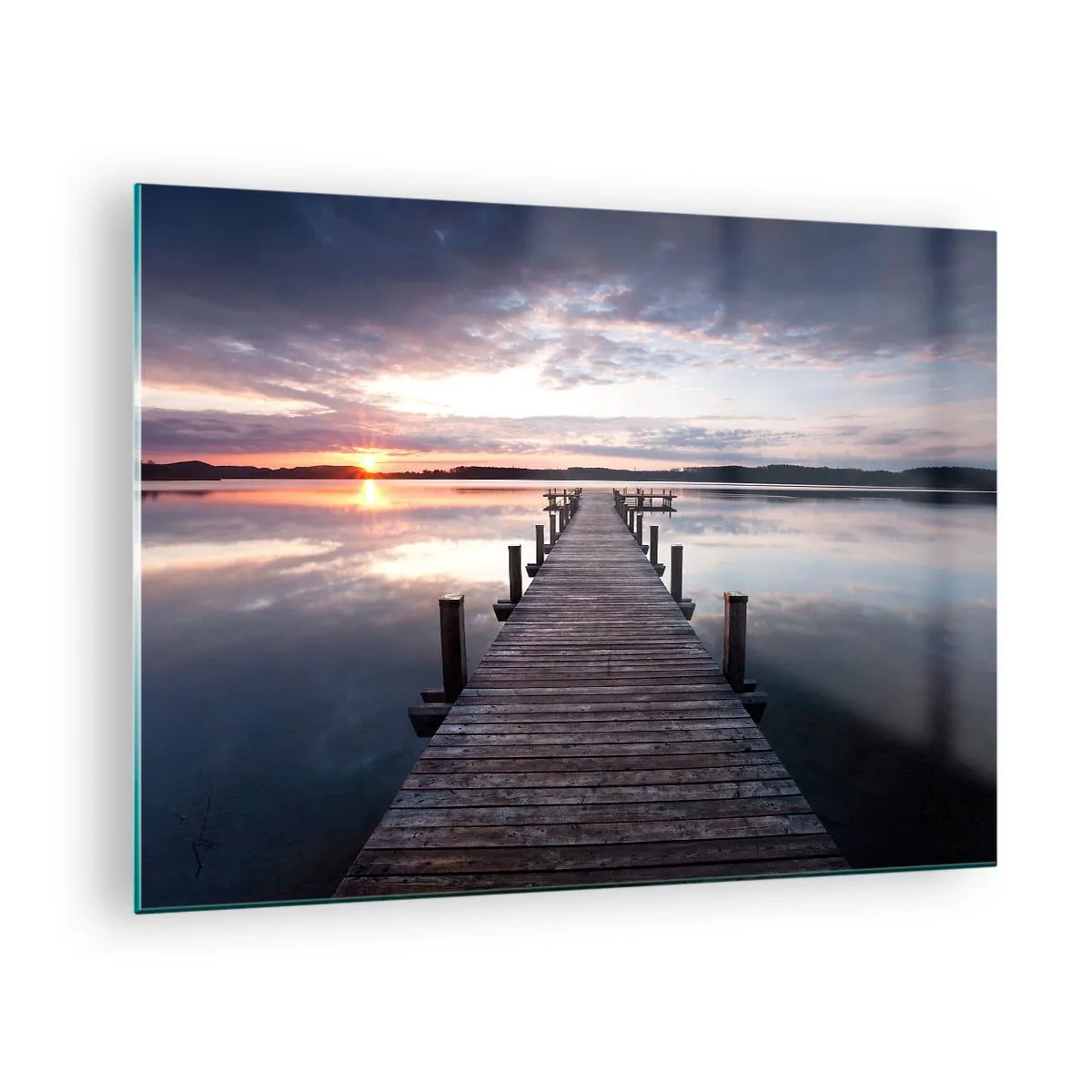 Üveg kép - Fából készült móló a tavon naplementekor - 70x50cm - Csendes határ a nappal és az éjszaka között - Modern fali dekoráció nappalihoz és hálószobához ARTTOR