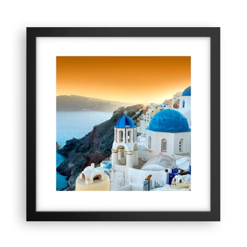 Poszter fehér keretben - Santorini – rásimulva a sziklákra - 30x30 cm