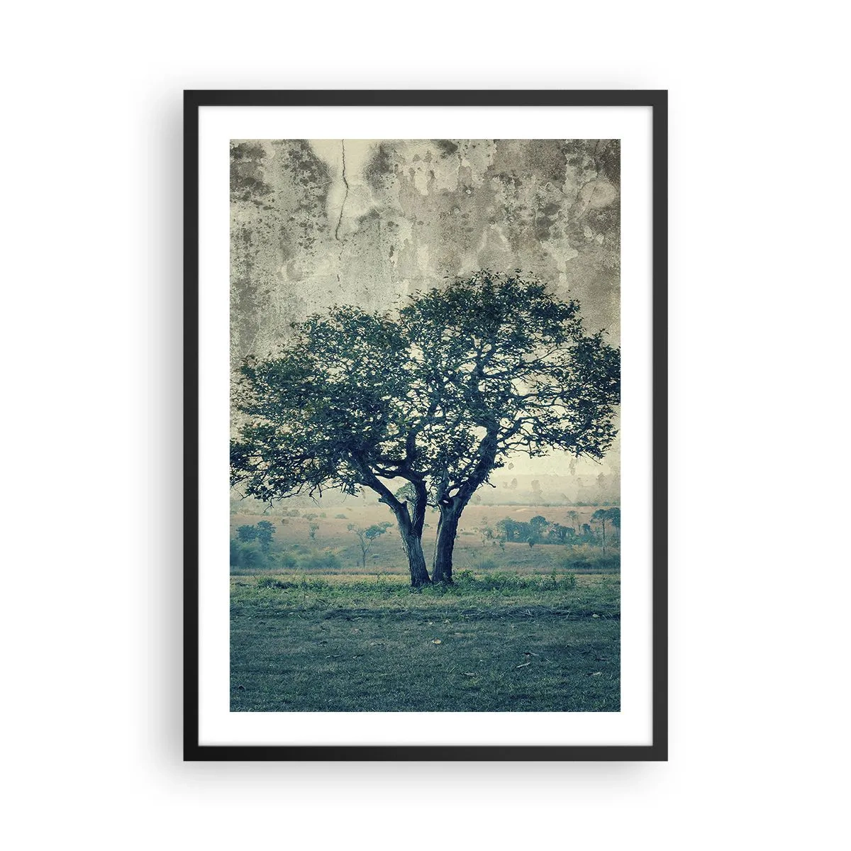 Poszter fehér keretben - Egy magányos fa egy rusztikus tájban - 50x70cm - Almafa a kék mezőn? - Modern fali dekoráció nappalihoz és hálószobához ARTTOR