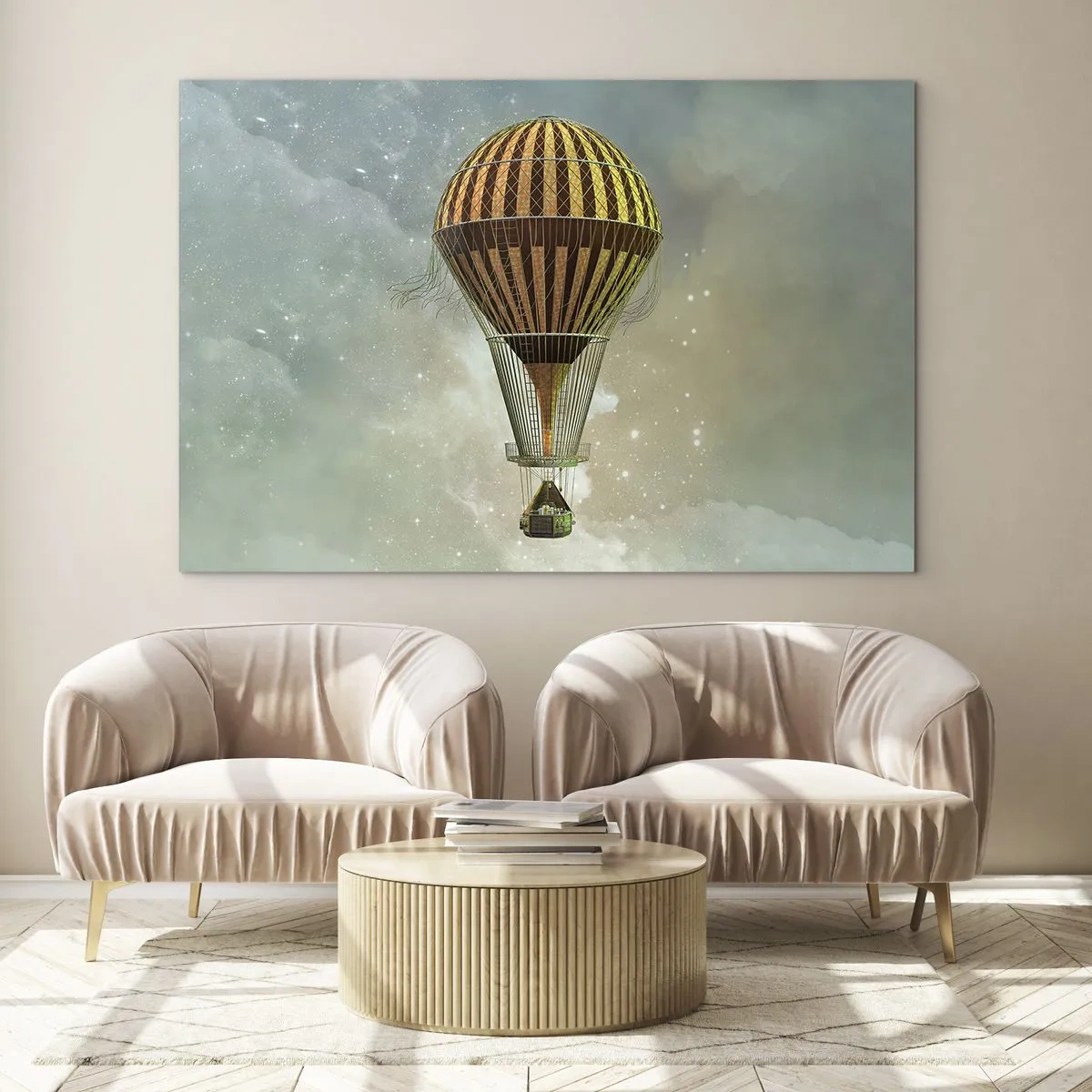 Üveg kép - Egy stilizált lufi a csillagos ég és a felhők hátterében. - 70x50cm - Úttörő járatok - Modern fali dekoráció nappalihoz és hálószobához ARTTOR