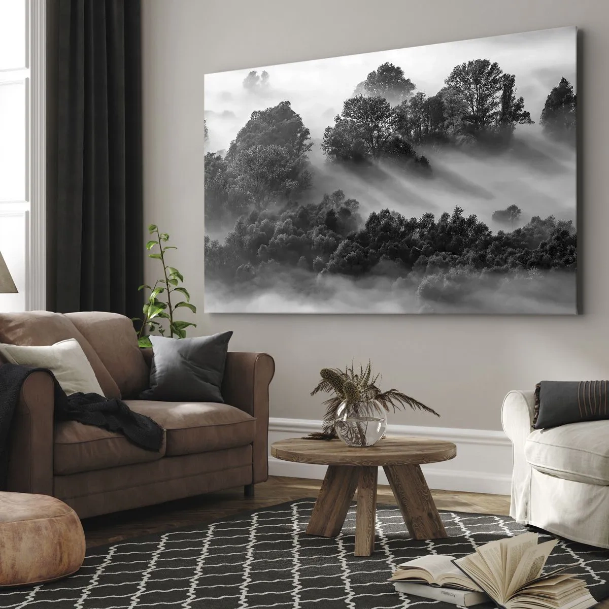 Vászonkép - Fekete-fehér erdei táj a reggeli ködben - 70x50cm -  Az álomból felkelő - Modern fali dekoráció nappalihoz és hálószobához ARTTOR