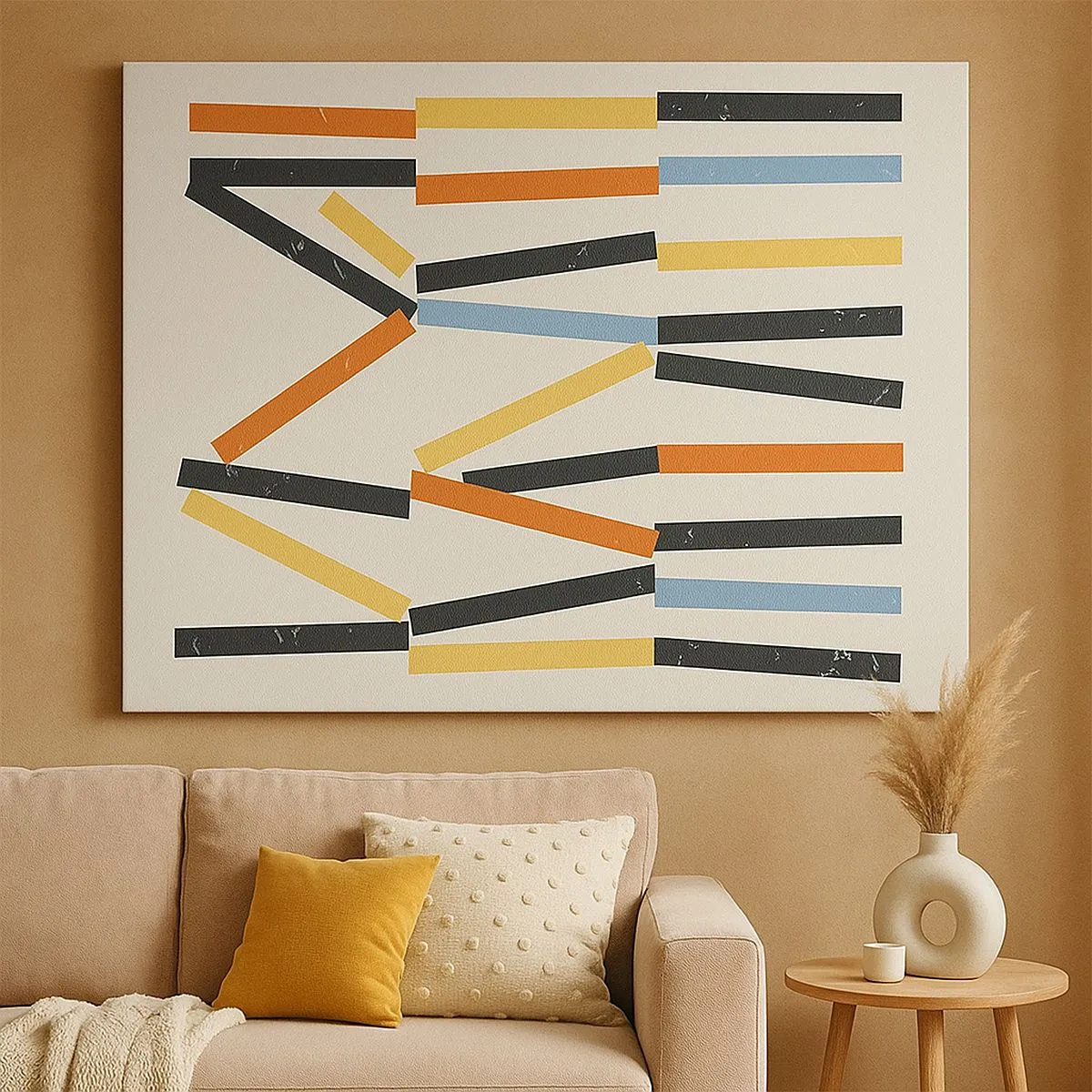 Vászonkép - Absztrakt kompozíció színes és fekete téglalapokkal vízszintes elrendezésben - 70x50cm - Vízszintes kompozíció - Modern fali dekoráció nappalihoz és hálószobához ARTTOR