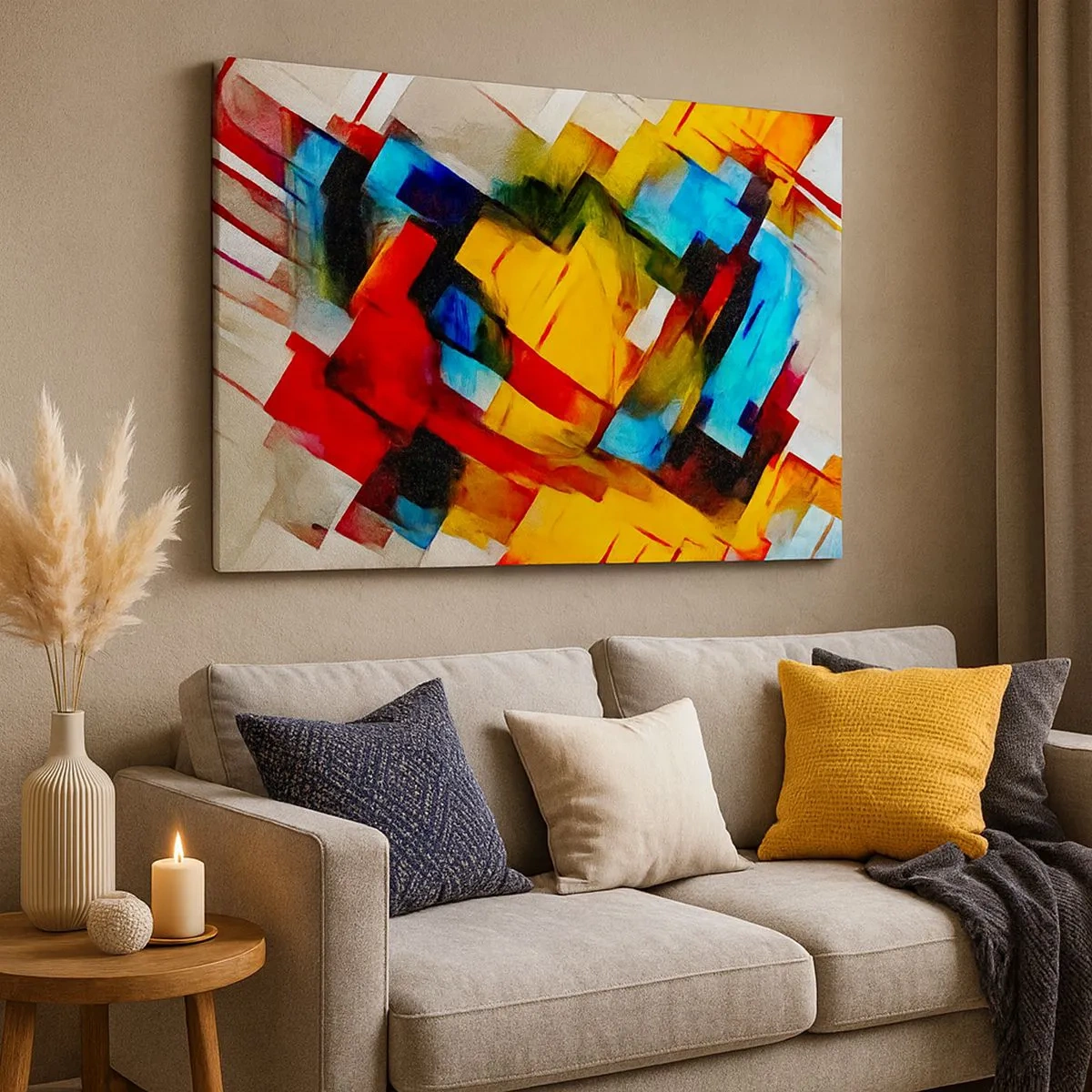 Vászonkép - Absztrakt geometrikus kompozíció élénk színekben - 70x50cm - Többszínű réteges - Modern fali dekoráció nappalihoz és hálószobához ARTTOR