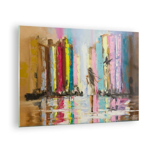 Üveg kép - Egy nő egy madárral a színes épületek hátterében - 70x50cm - Kövessél - Modern fali dekoráció nappalihoz és hálószobához ARTTOR