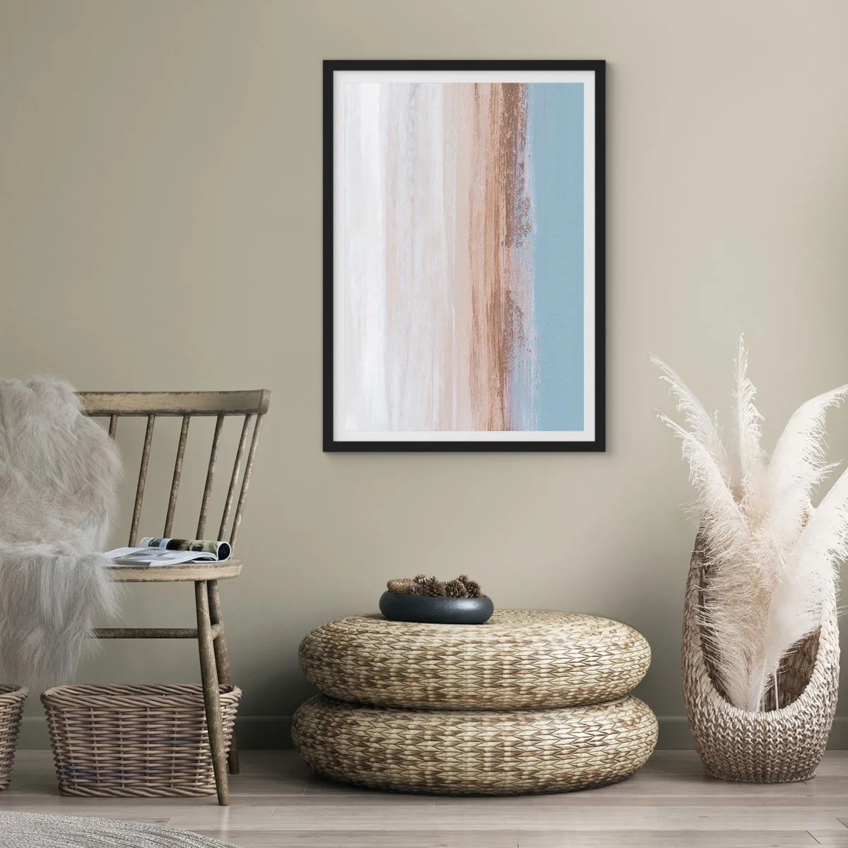 Poszter fehér keretben - Minimalista absztrakció a strand és a tenger színeiben - 50x70cm - Többértelmű tájkép - Modern fali dekoráció nappalihoz és hálószobához ARTTOR