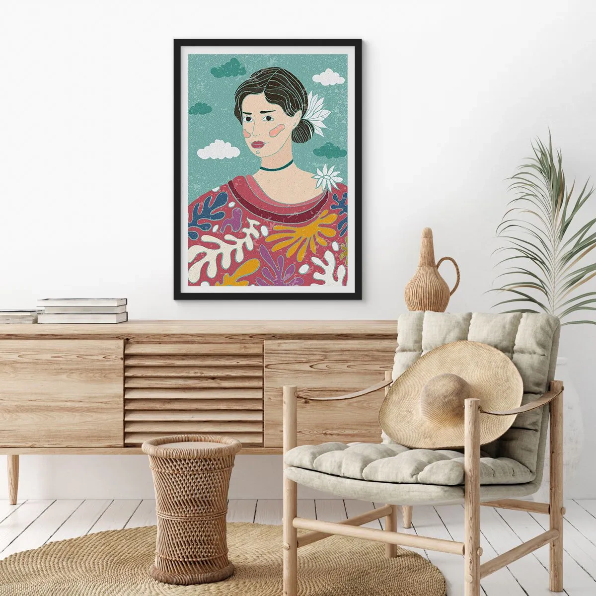 Poszter fehér keretben - Portré egy nőről színes, stilizált ruhában, felhők hátterében. - 50x70cm - Melankóliával a tekintetedben - Modern fali dekoráció nappalihoz és hálószobához ARTTOR