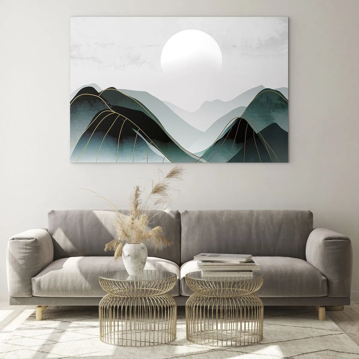 Üveg kép - Hegyi táj fehér nappal és arany vonalakkal - 70x50cm - Teljes fenségben - Modern fali dekoráció nappalihoz és hálószobához ARTTOR