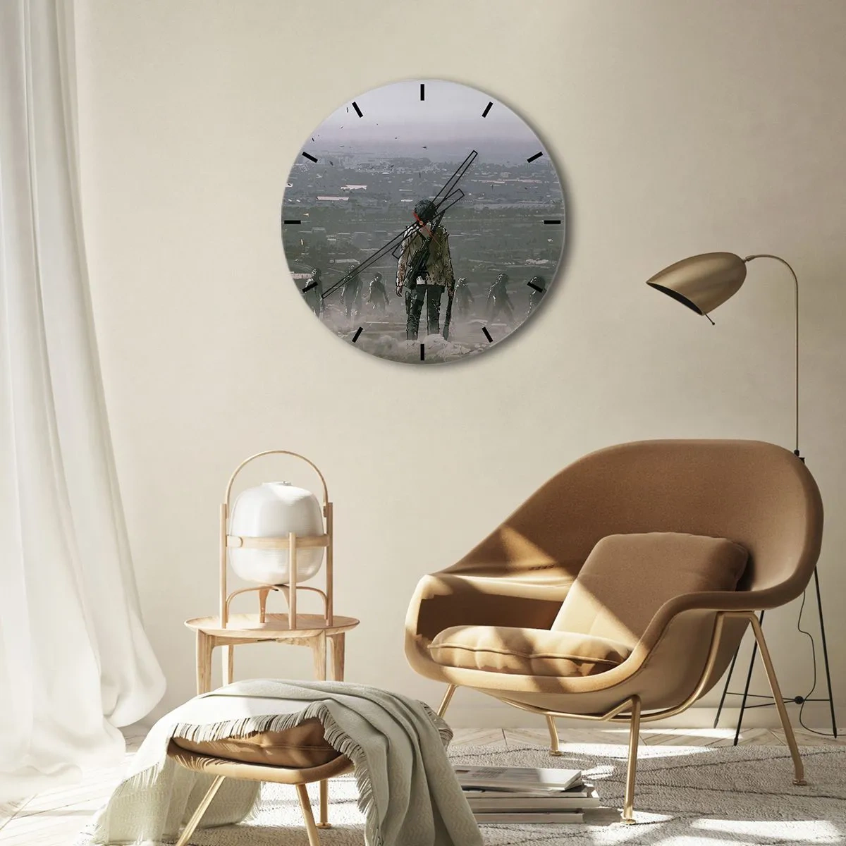 Falióra, Óra - Egy fegyveres alak a város és a titokzatos köd hátterében - 30x30cm - Utolsó igazságos? - Modern fali dekoráció nappalihoz, konyhához és hálószobához ARTTOR