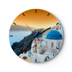Falióra, Óra - Santorini, kilátással a tengerre naplementekor - 30x30cm - Santorini – rásimulva a sziklákra - Modern fali dekoráció nappalihoz, konyhához és hálószobához ARTTOR