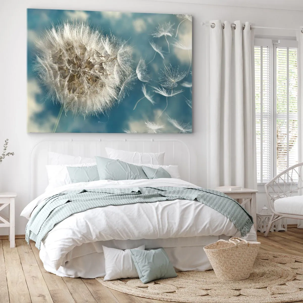 Vászonkép - Egy elfújt pitypang a kék ég előtt - 70x50cm - Angyal lehelete - Modern fali dekoráció nappalihoz és hálószobához ARTTOR