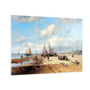 Üveg kép - Strandjelenet halászhajókkal és horgászokkal - 70x50cm - Egy sikeres fogás után - Modern fali dekoráció nappalihoz és hálószobához ARTTOR