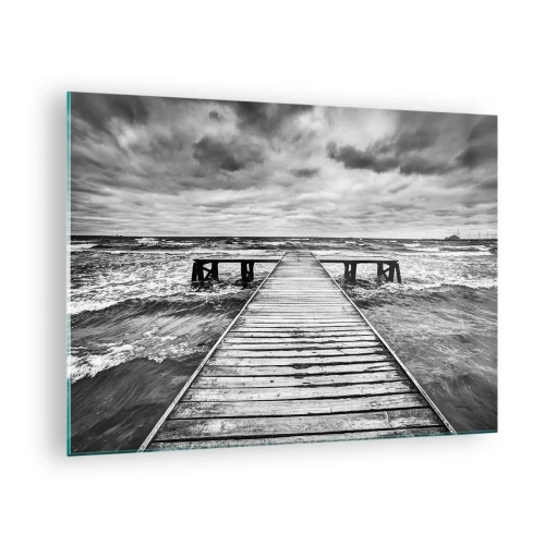 Üveg kép - Egy fekete-fehér móló a durva hullámok között - 70x50cm - Várom, hogy elűzze a szél... - Modern fali dekoráció nappalihoz és hálószobához ARTTOR