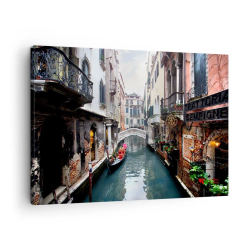 Vászonkép - Egy csatorna Velencében gondolával és történelmi épületekkel - 70x50cm - Velencei táj gondolával és híddal - Modern fali dekoráció nappalihoz és hálószobához ARTTOR