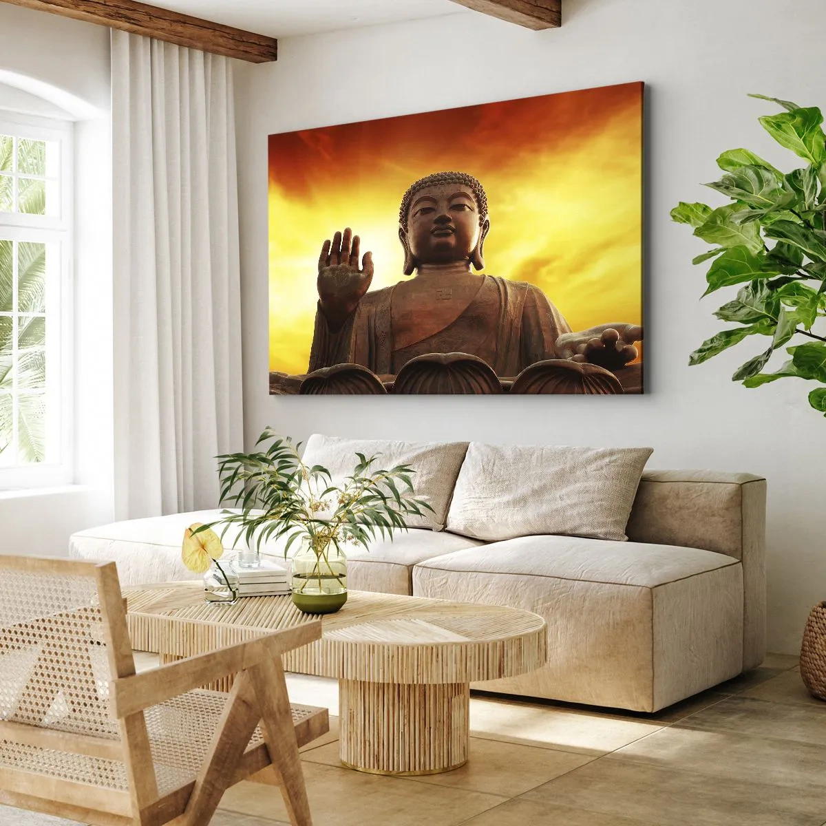 Vászonkép - Egy Buddha-szobor az aranyló naplemente előtt - 70x50cm - A világ békéje - Modern fali dekoráció nappalihoz és hálószobához ARTTOR