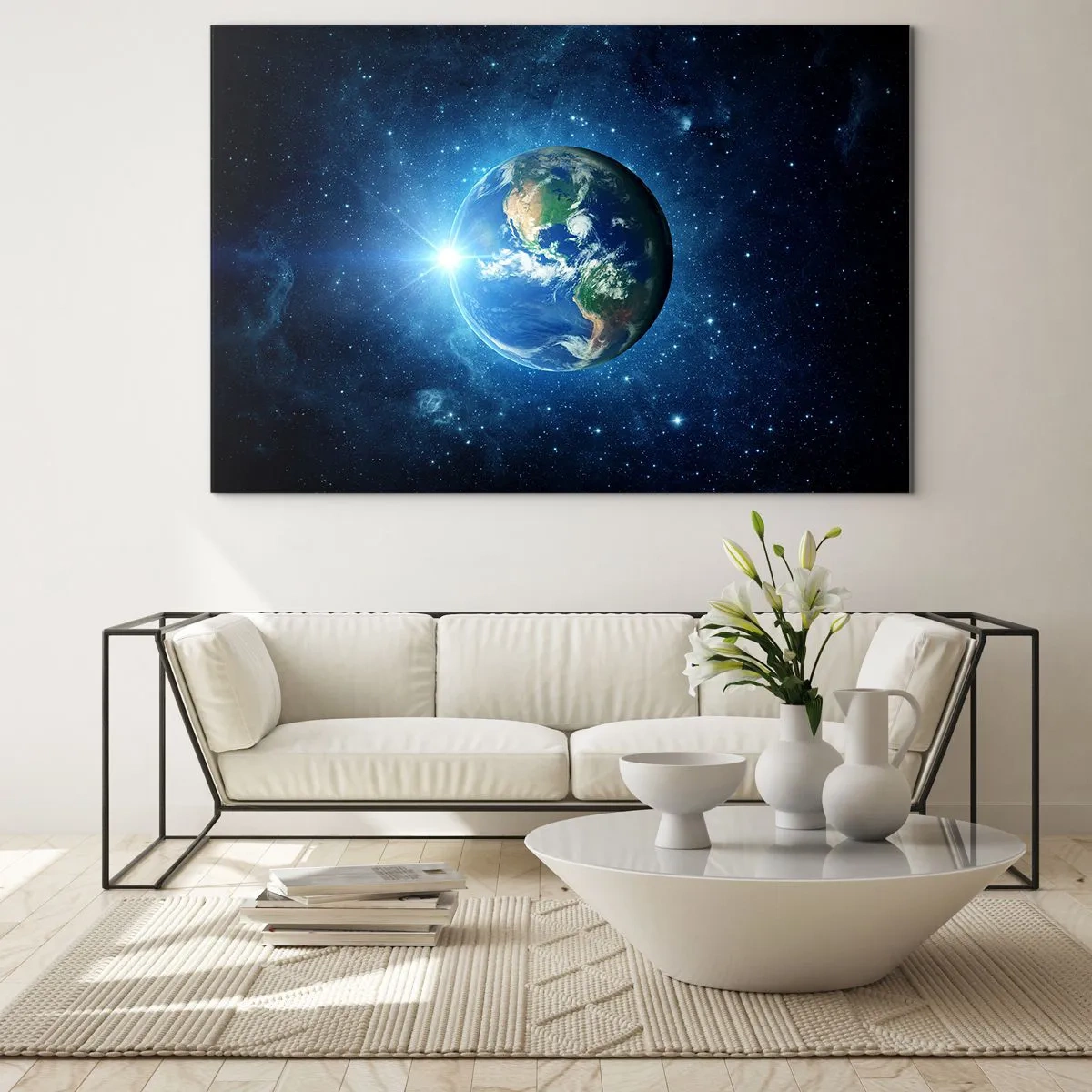 Üveg kép - Föld az űrből látható fénysugarakkal - 70x50cm - Mennyben vagyunk - Modern fali dekoráció nappalihoz és hálószobához ARTTOR