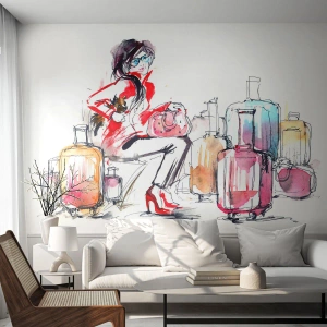 Fotótapéta Premium Canvas - Üljünk le az utazás előtt - Nő, Utazás, Bőrönd - 300x210 cm