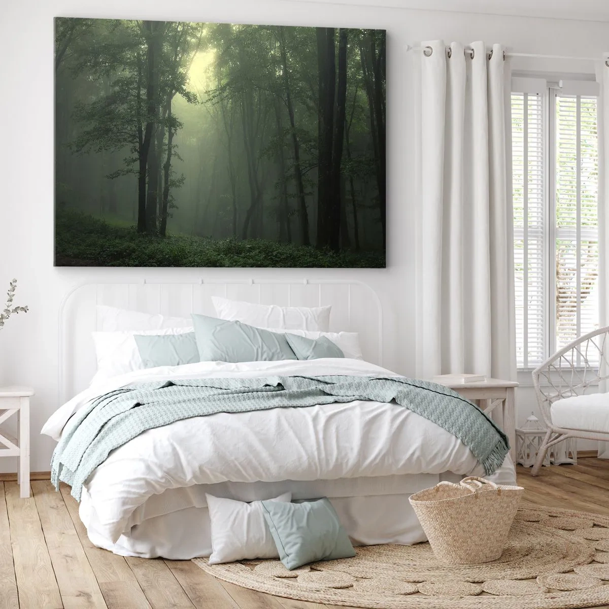 Vászonkép - Egy zöld erdő reggelente finom ködbe burkolózik - 70x50cm - Mielőtt felébred - Modern fali dekoráció nappalihoz és hálószobához ARTTOR