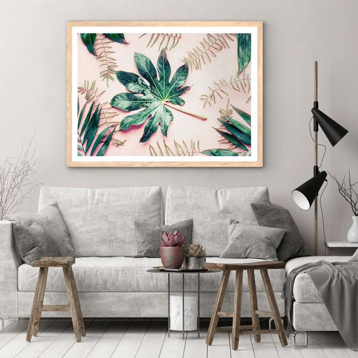 Poszter világos tölgy keretben - A zöld tanulmánya a rózsaszín háttérben - 91x61 cm