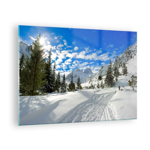 Üveg kép - Téli hegyi táj erdővel és kék éggel - 70x50cm - A hóban és a napon - Modern fali dekoráció nappalihoz és hálószobához ARTTOR