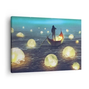Vászonkép - Egy alak egy csónakban, körülvéve világító gömbökkel a vízen - 70x50cm - Olyan dolgok, amelyekről a filozófusok soha nem álmodtak - Modern fali dekoráció nappalihoz és hálószobához ARTTOR