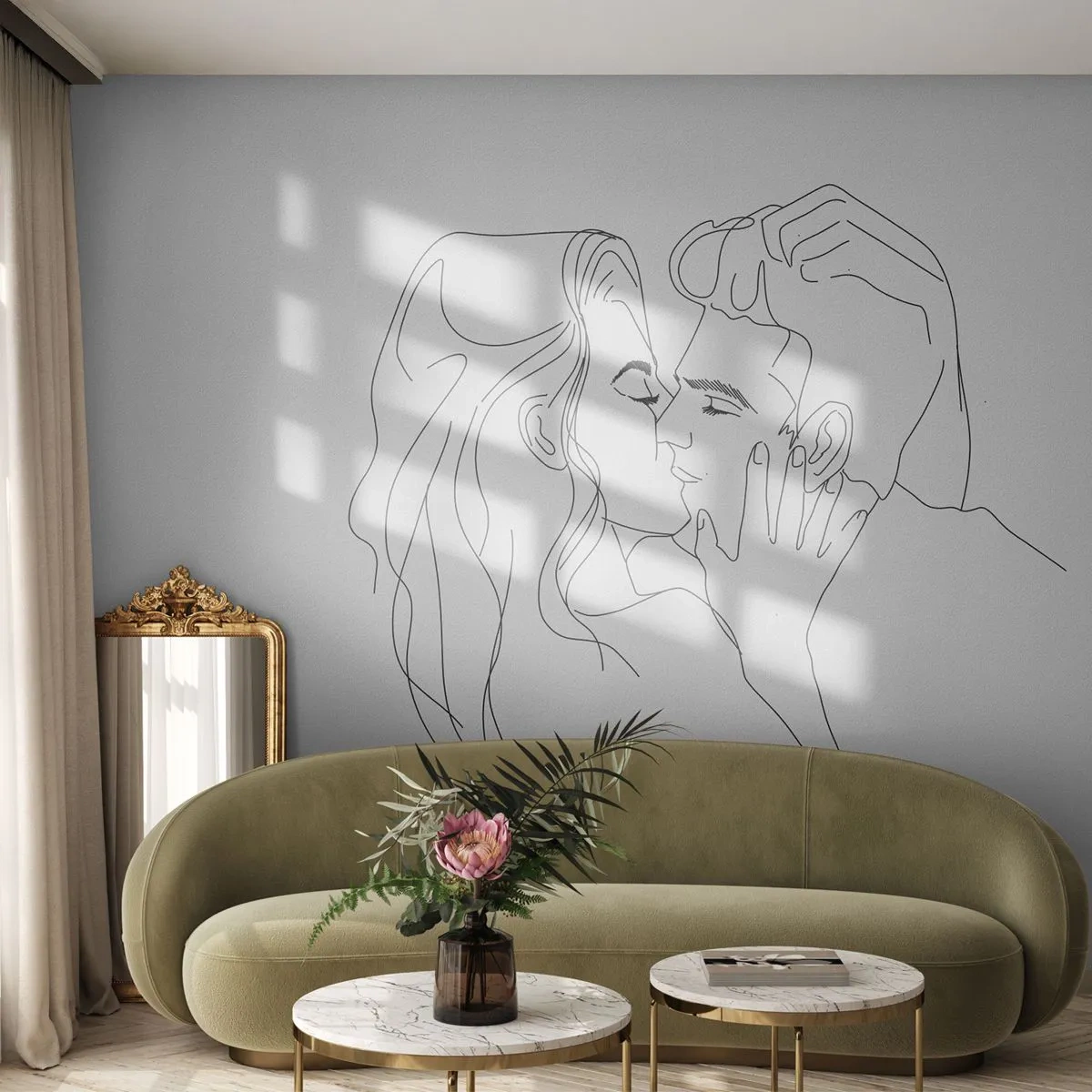 Fotótapéta Premium Canvas - Ugyanaz a vonalón - Grafika, Szerelmes pár, Csók - 250x175 cm