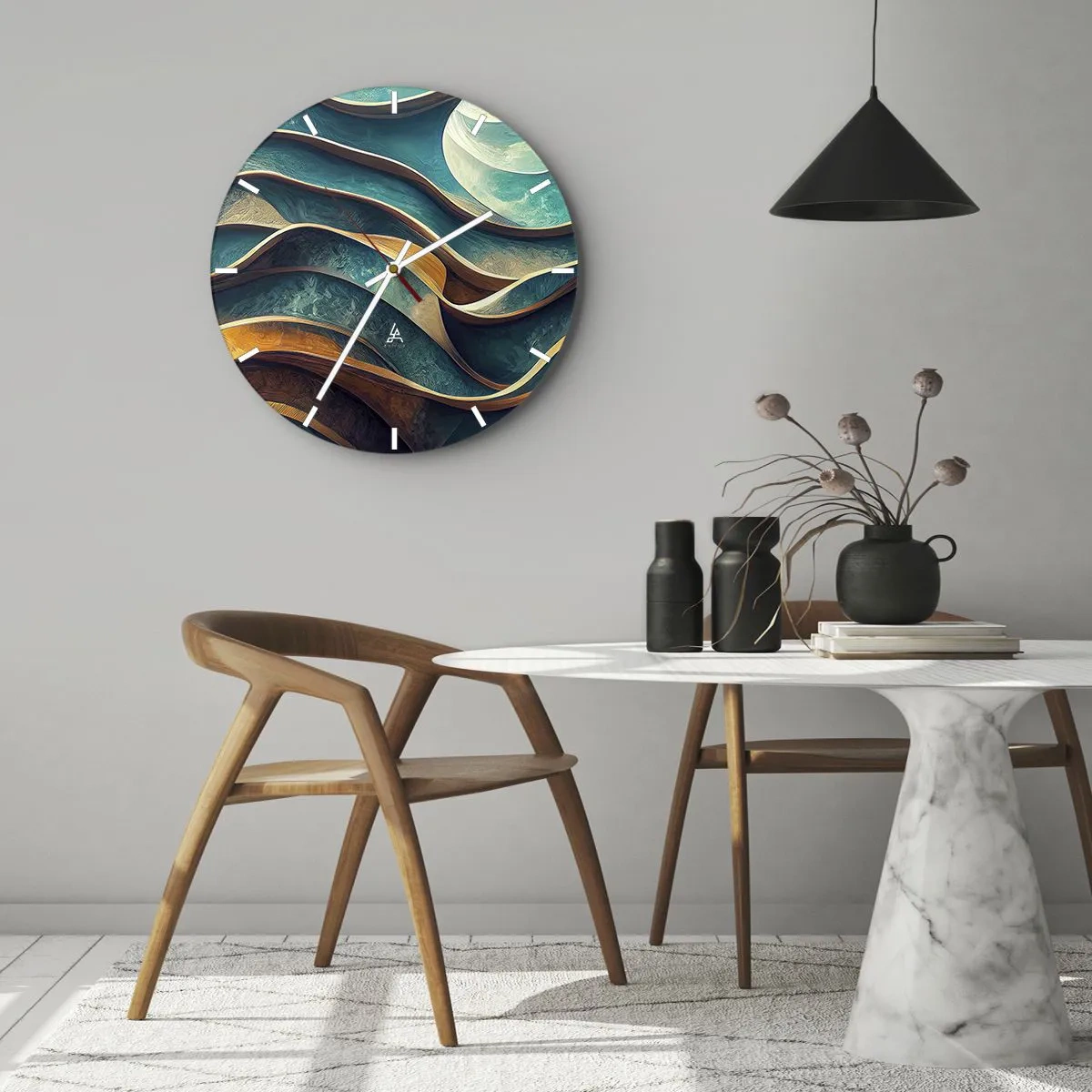Falióra, Óra - Kék és barna absztrakt hullámok 3D-s hatással - 30x30cm - Kék kanyarulatok - Modern fali dekoráció nappalihoz, konyhához és hálószobához ARTTOR