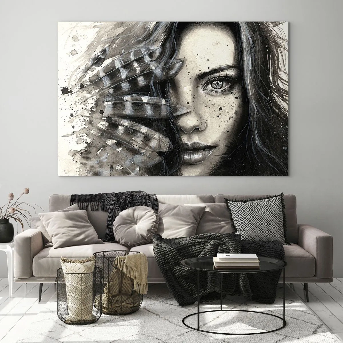 Üveg kép - Toll- és absztrakt részletekkel rendelkező nő portréja - 70x50cm - Vad gyönyör - Modern fali dekoráció nappalihoz és hálószobához ARTTOR